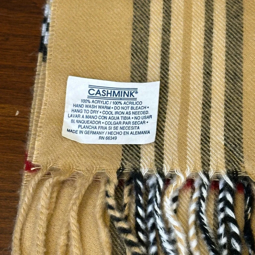 VTG 1990s-2000s V. FRAAS Cashmink Tan Burberry Tartan Plaid Scarf - Picture 3 of 5